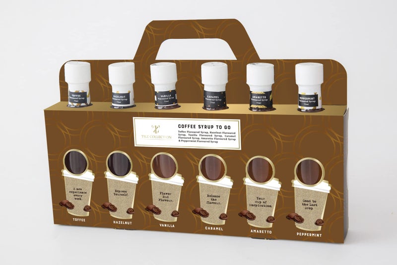 Tilz Premium Coffee Syrup Gift - Set 6 x 75ml Assorted Flavoured Syrup For Coffee Including Vanilla Caramel Toffee Hazelnut Amaretto Peppermint Coffee Lover Gift sets - Image 4